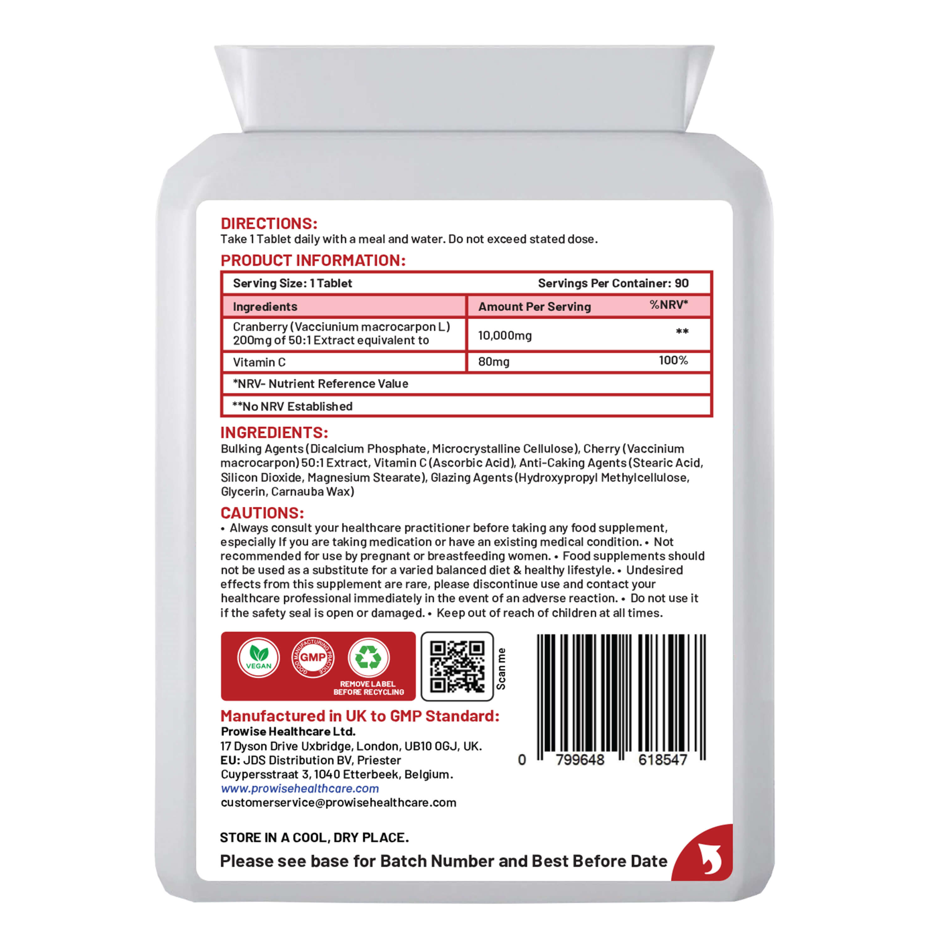 Prowise Double Strength Cranberry & Vitamin C - Immune & Urinary Support
