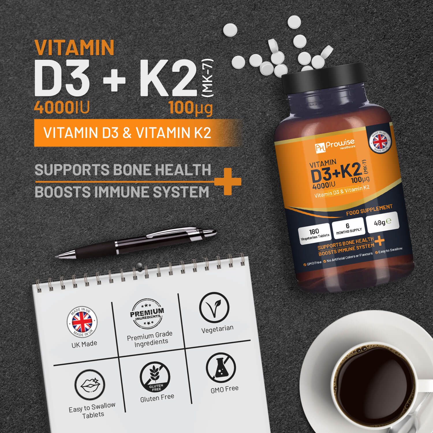 Ultimate Vitamin D3 & K2 Supplement - 180 Vegetarian Tablets for Immunity Boost