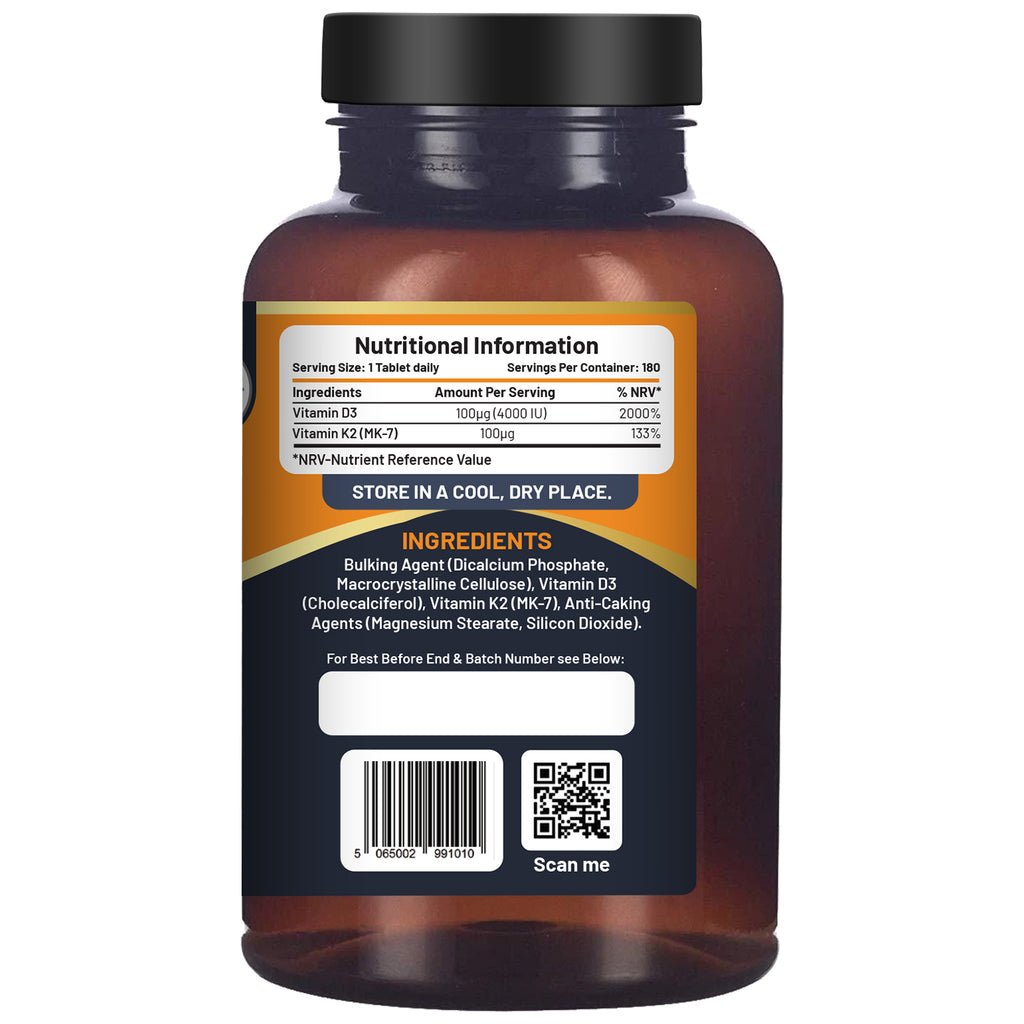 Ultimate Vitamin D3 & K2 Supplement - 180 Vegetarian Tablets for Immunity Boost