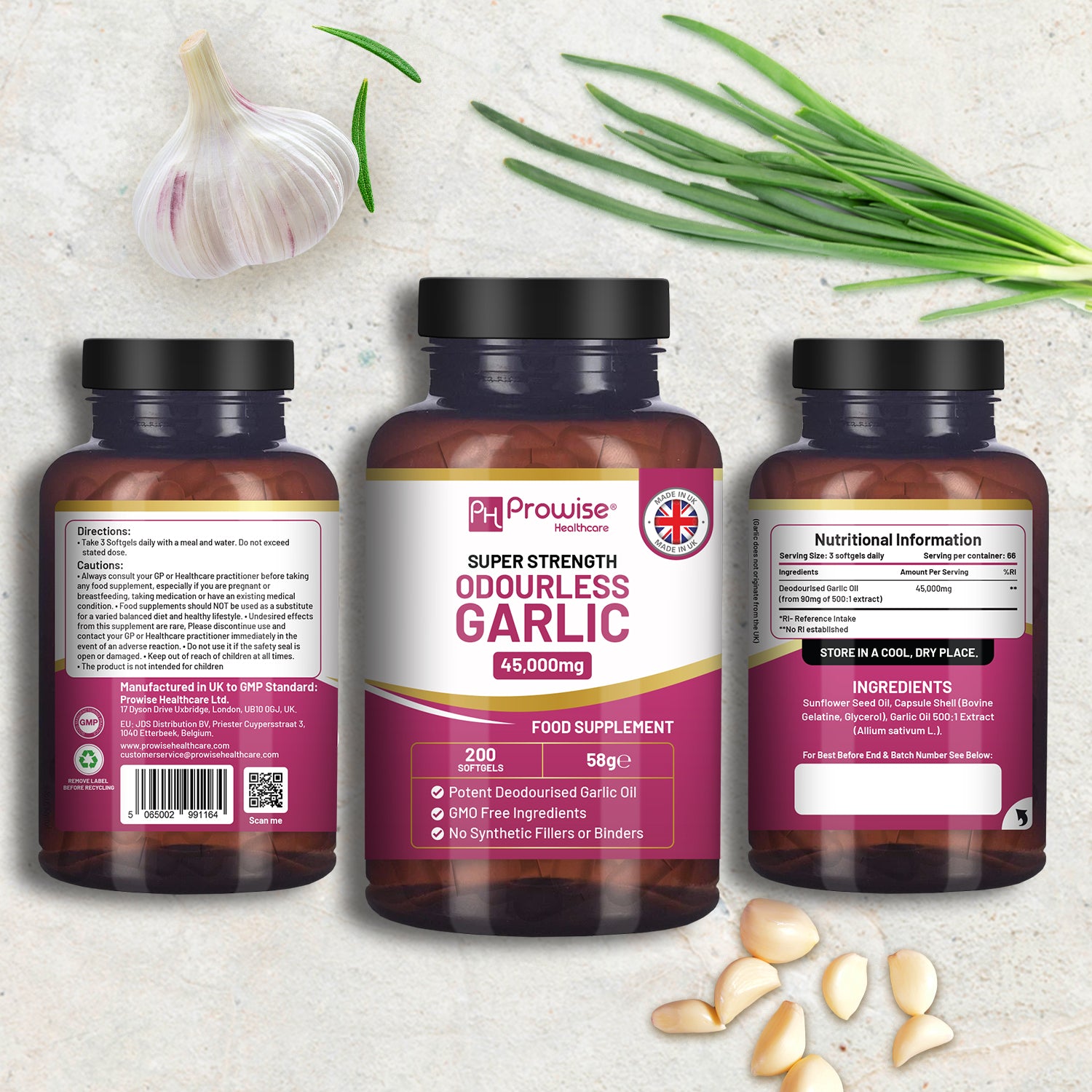Odourless Garlic Softgels - 45,000mg Strength, 200 Capsules for Optimal Health