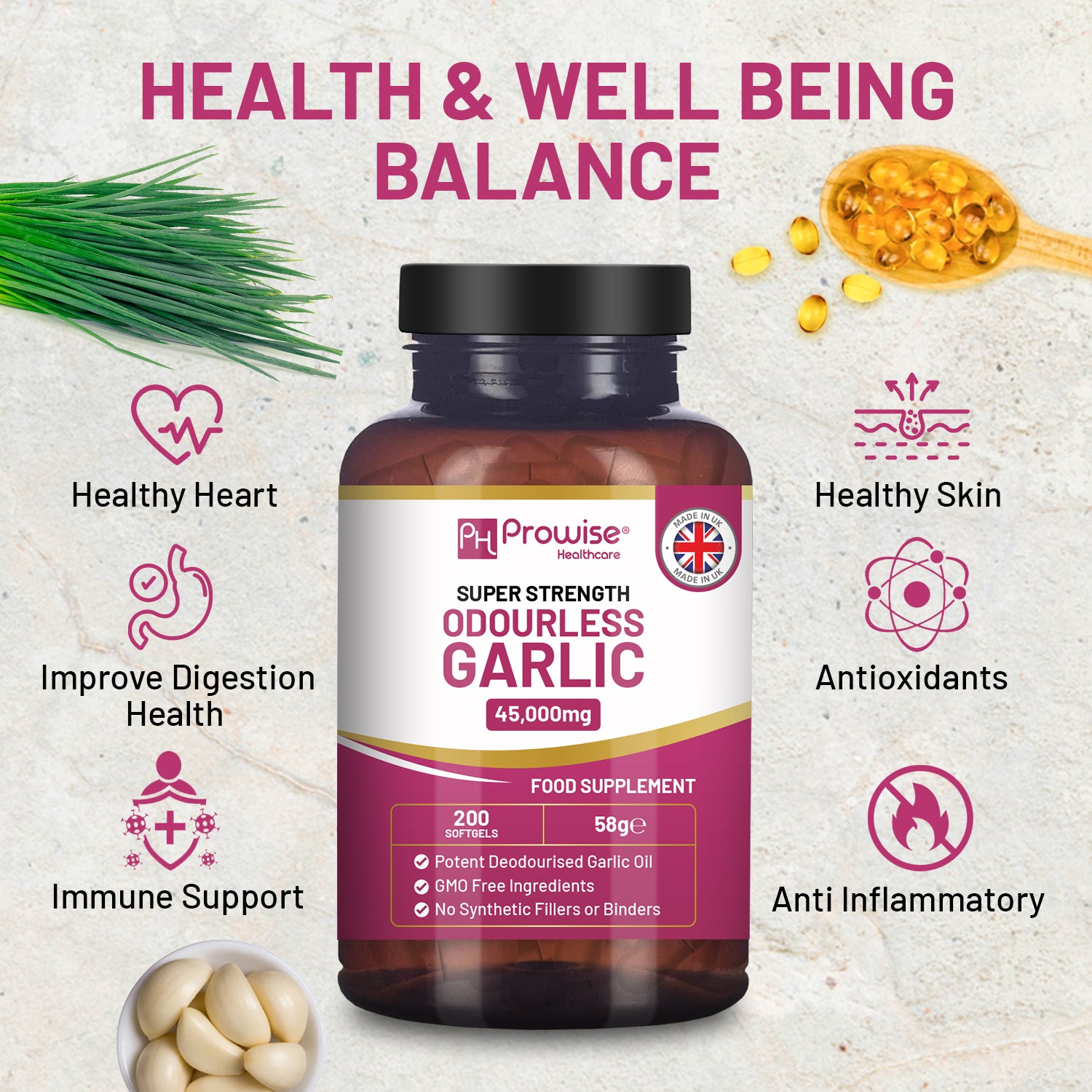 Odourless Garlic Softgels - 45,000mg Strength, 200 Capsules for Optimal Health