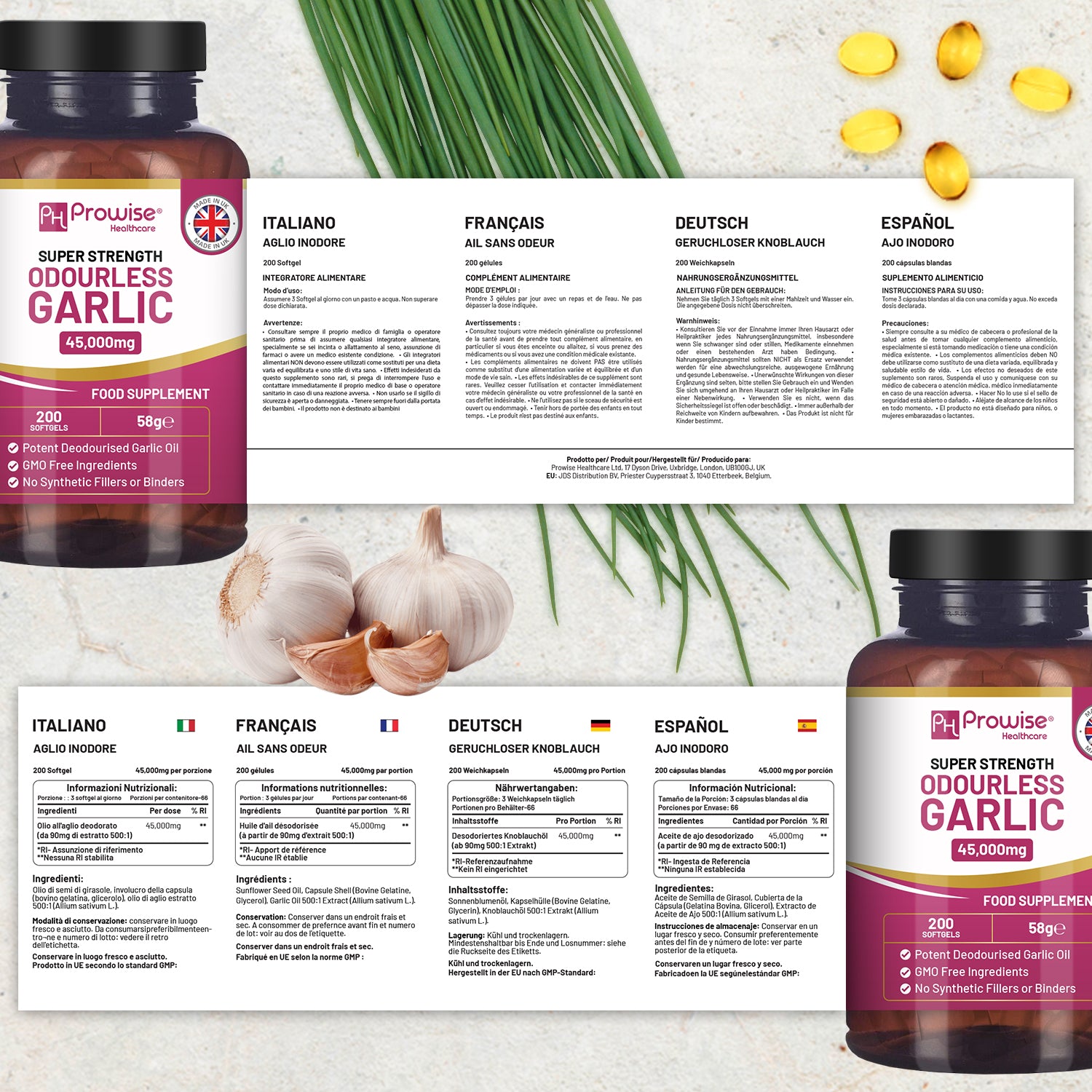 Odourless Garlic Softgels - 45,000mg Strength, 200 Capsules for Optimal Health