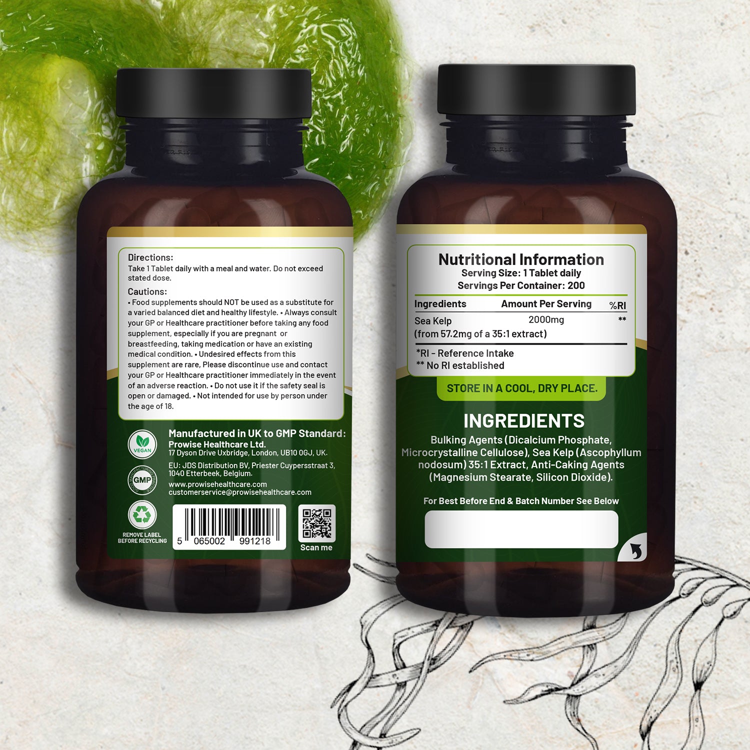 Premium Sea Kelp 2000mg - Vegan Iodine Supplement, 200 Tablets Made in the UK