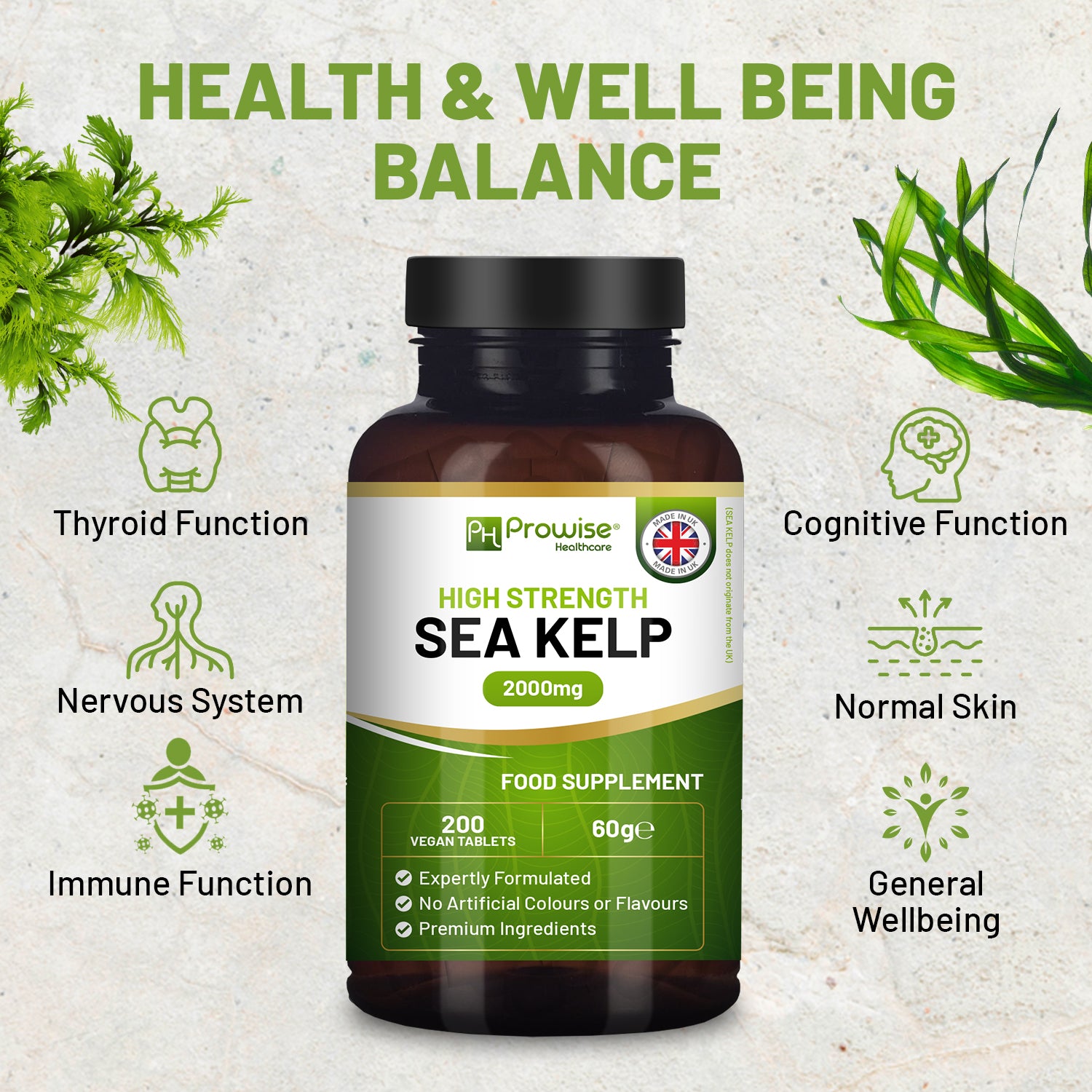 Premium Sea Kelp 2000mg - Vegan Iodine Supplement, 200 Tablets Made in the UK