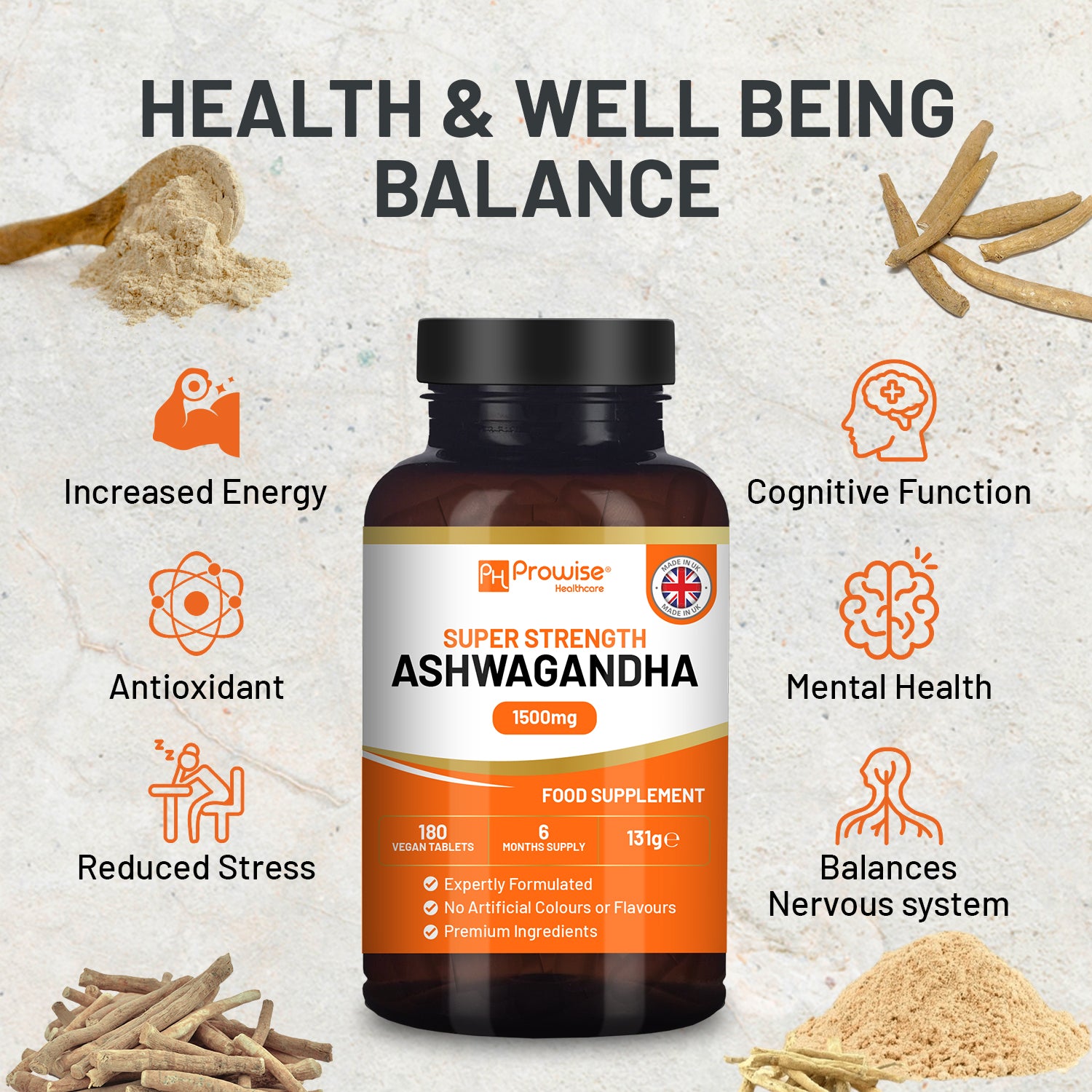 Powerful Ashwagandha 1500mg Vegan Tablets | 180 Count for Calm & Energy