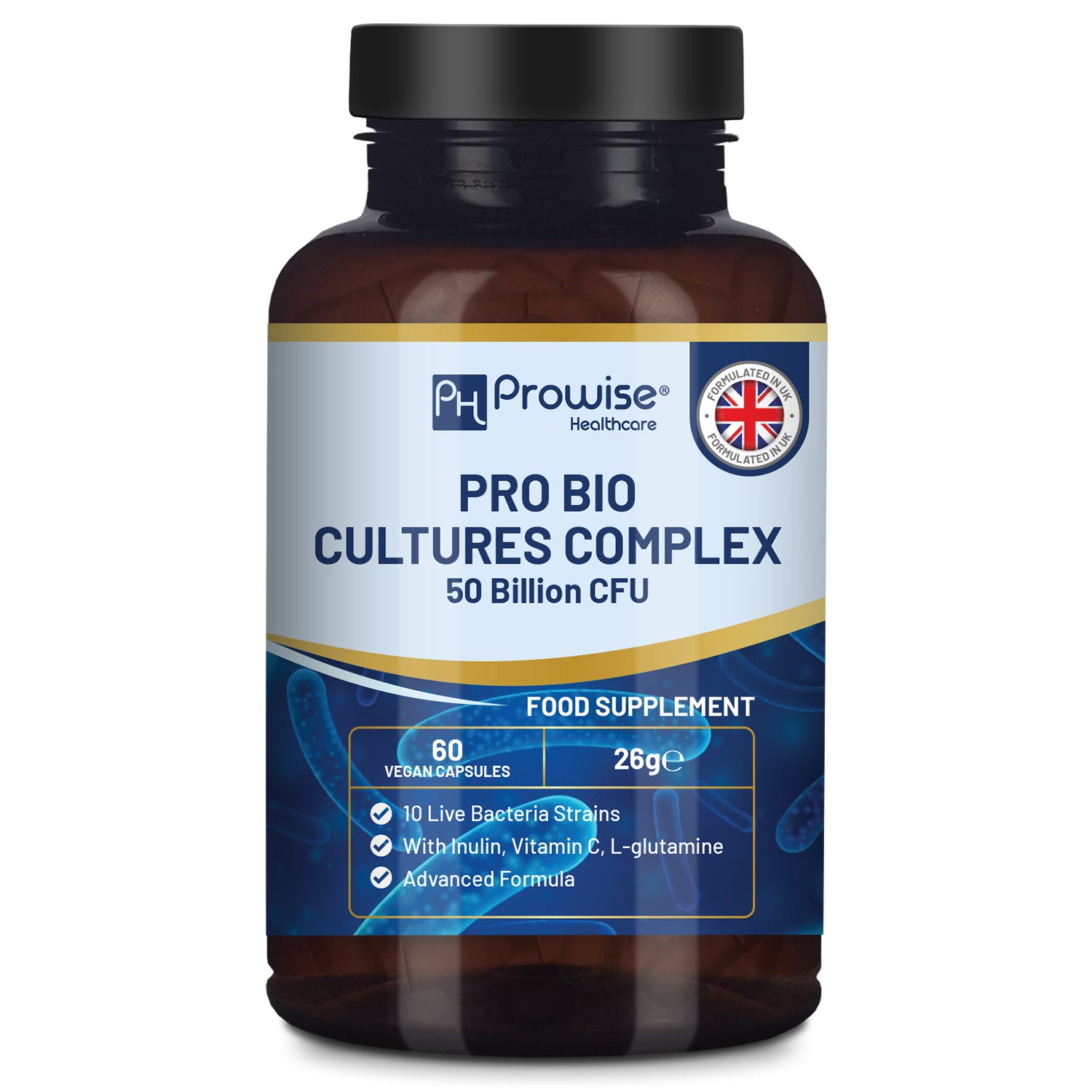 Pro Bio Cultures 50 Billion CFU Probiotics with Prebiotics & Vitamin C - 60 Caps