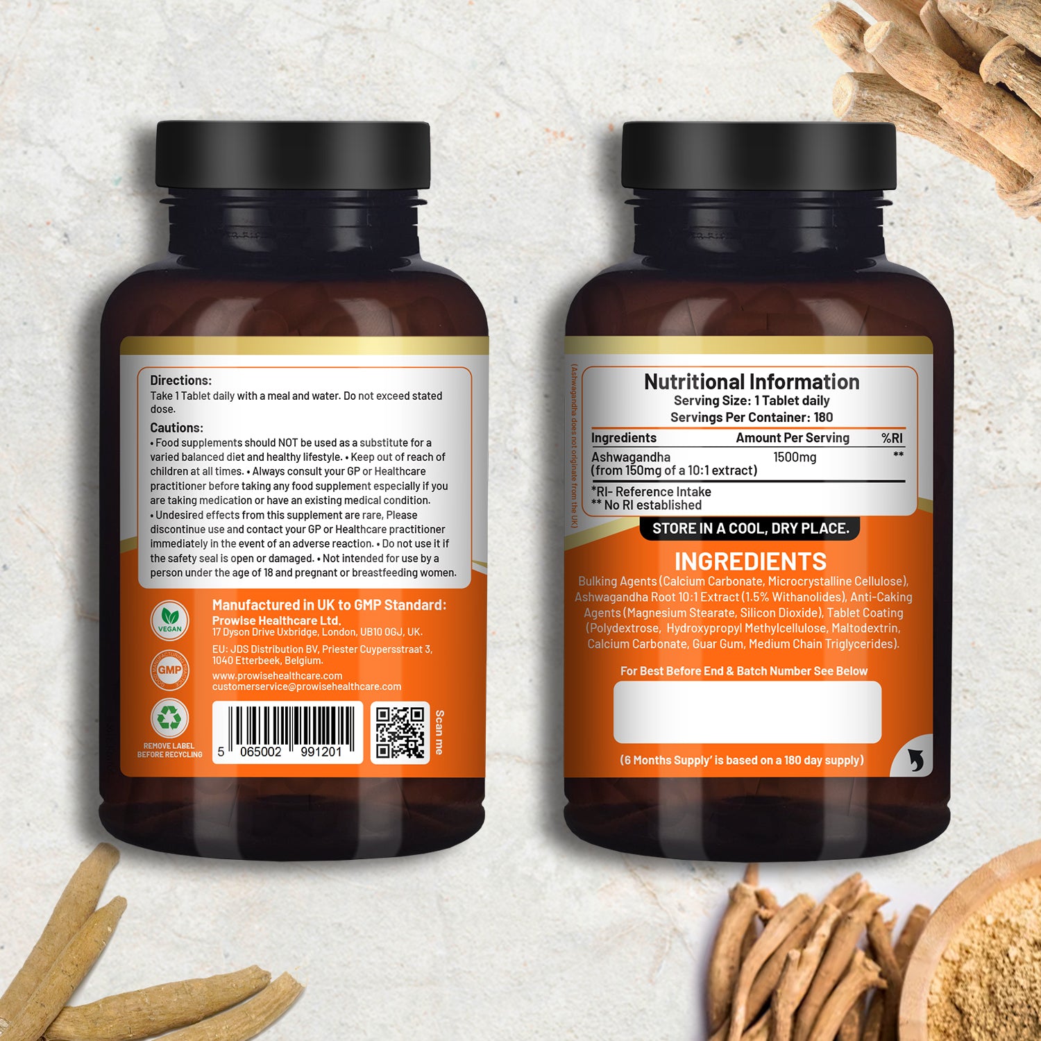 Powerful Ashwagandha 1500mg Vegan Tablets | 180 Count for Calm & Energy