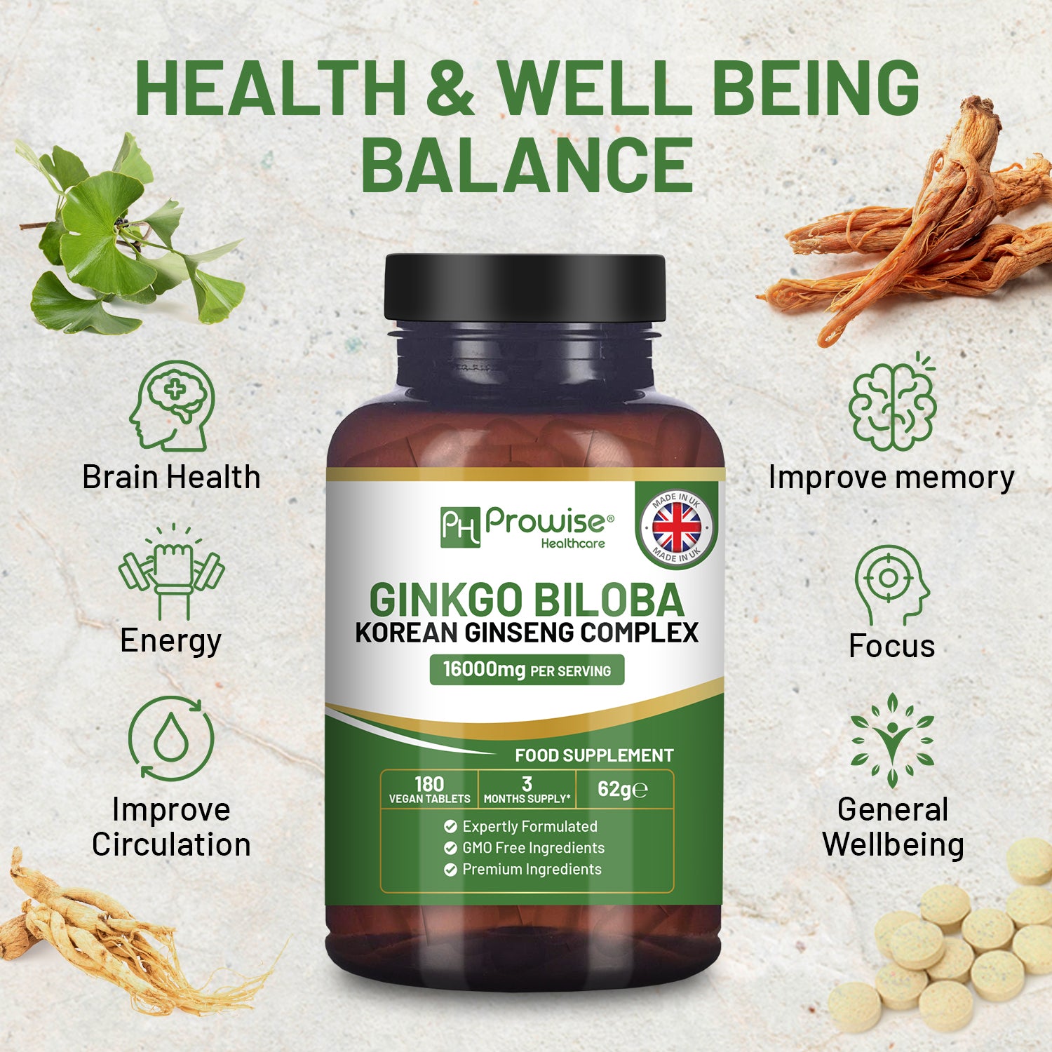 Revitalize Mind & Body: Ginkgo Biloba & Korean Ginseng 16000mg - 180 Vegan Tabs!